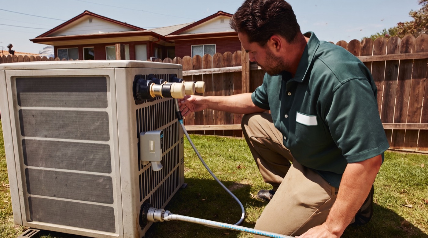 Langford technician in a pine-green work shirt kneeling at an open outdoor AC unit with service gauges connected, cedar fence behind