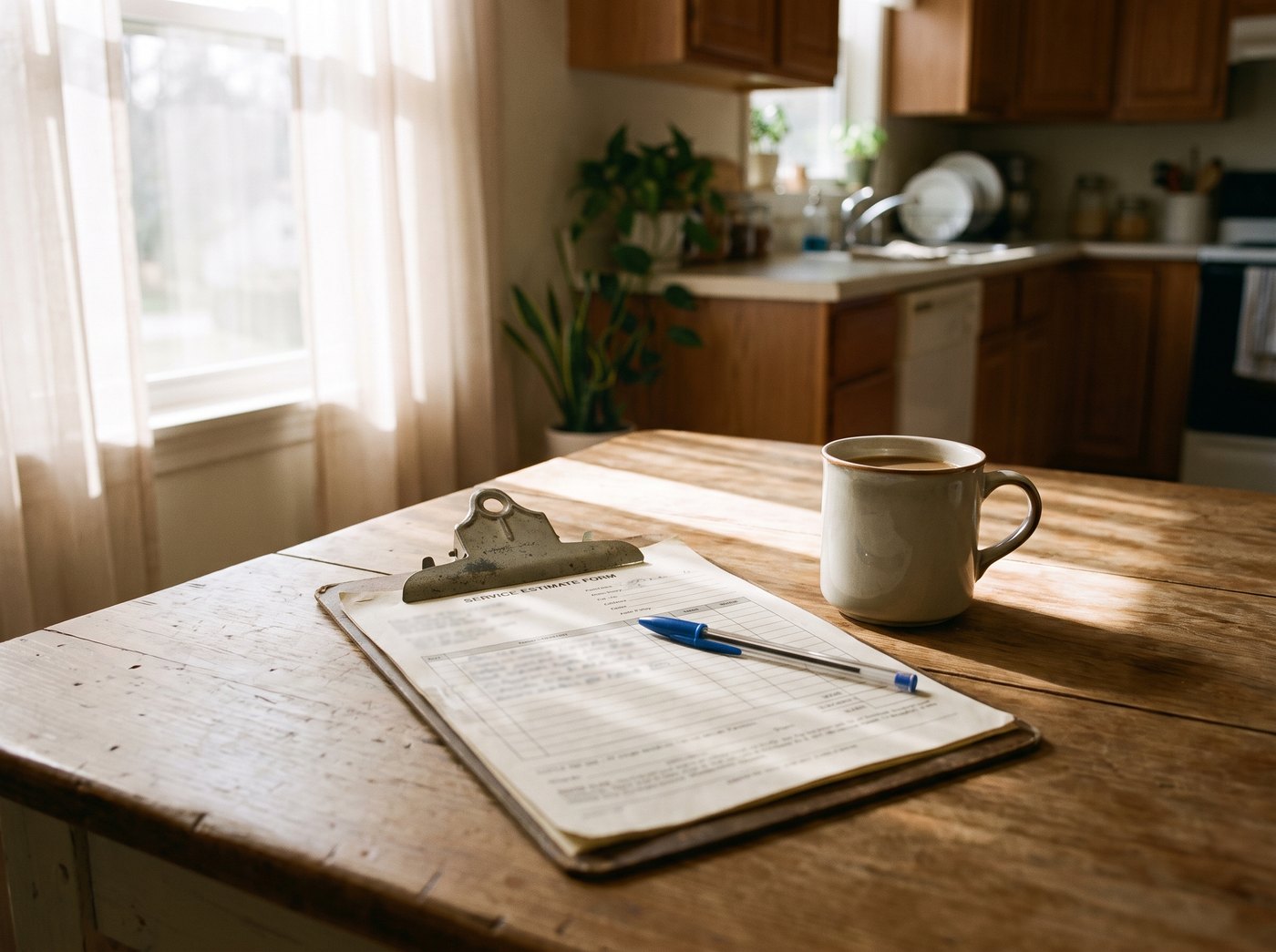 A written flat-rate quote being walked through on a kitchen table, pen in hand, coffee mugs beside the paperwork