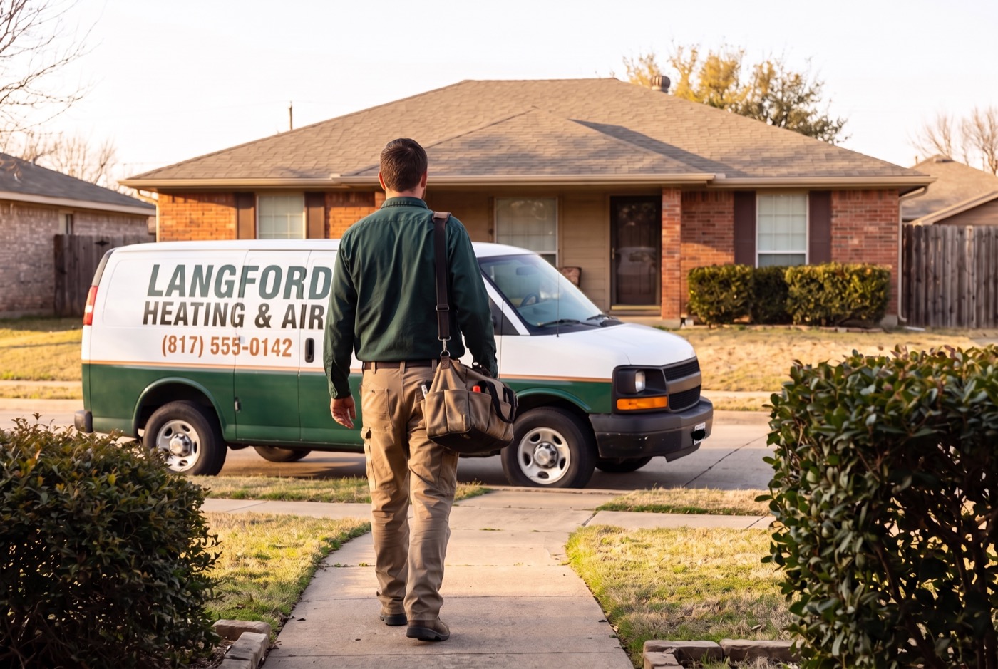 A Langford technician carrying a tool bag up the front walk of a brick ranch home, the wrapped van parked at the curb behind him