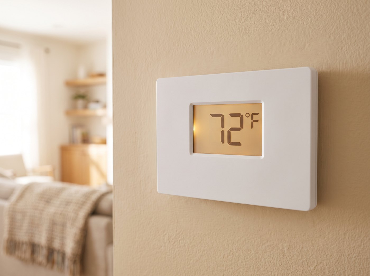 Close-up of a homeowner's hand adjusting a plain wall thermostat in a hallway