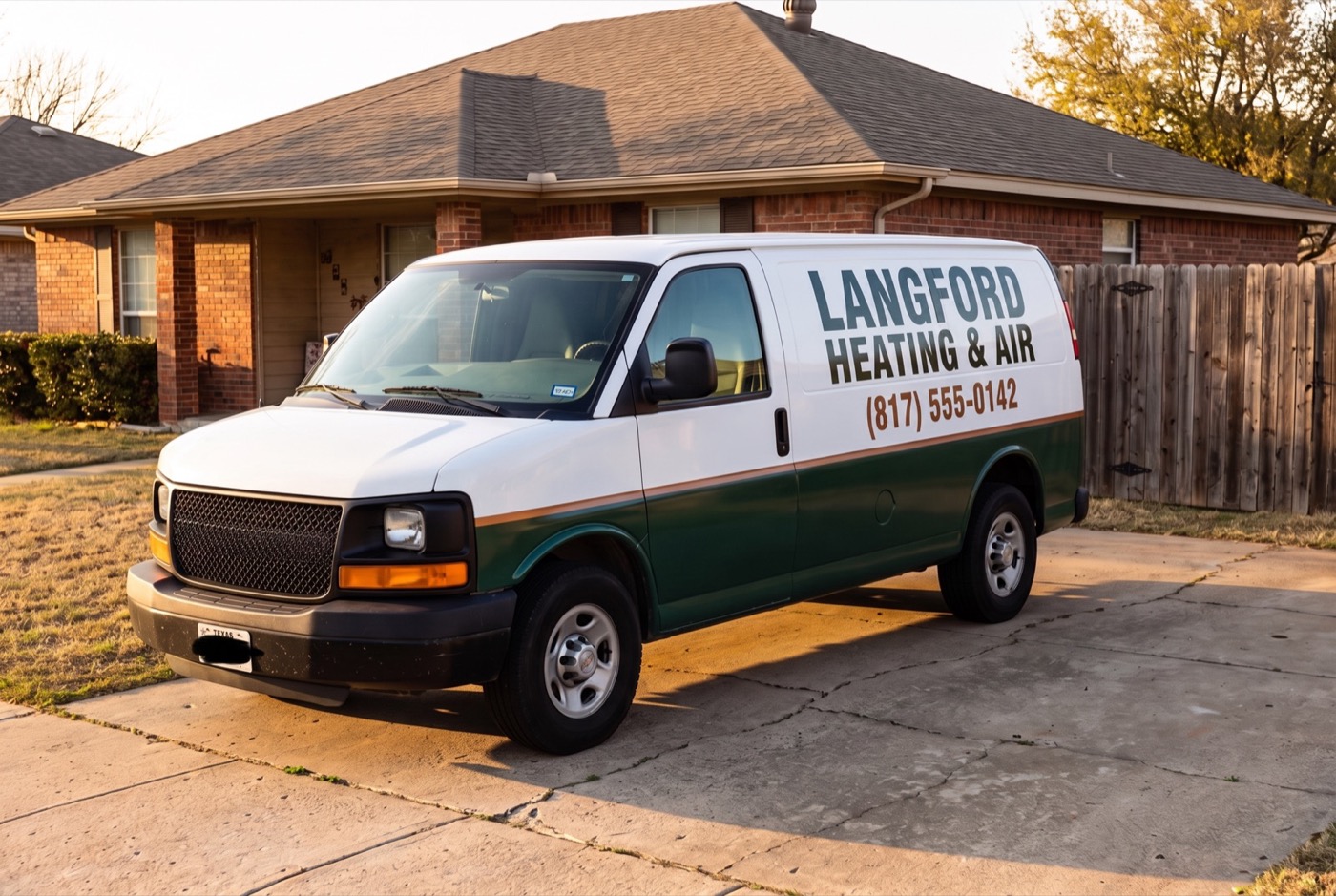 White Langford van with a pine-green wrap band and copper stripe parked in the driveway of a brick ranch house